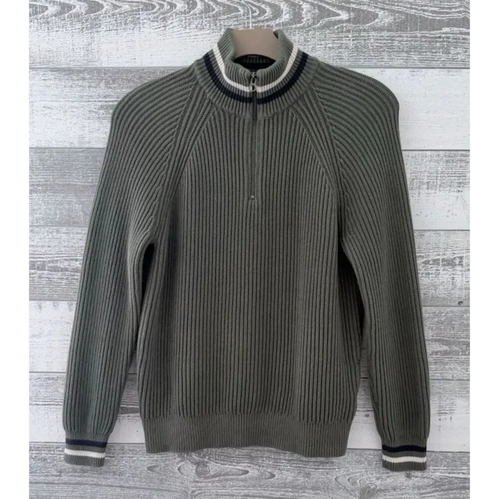 J CREW Knit Sweater Men M Green Ribbed Half-Zip Varsity Stripe Trim Cotton BC592